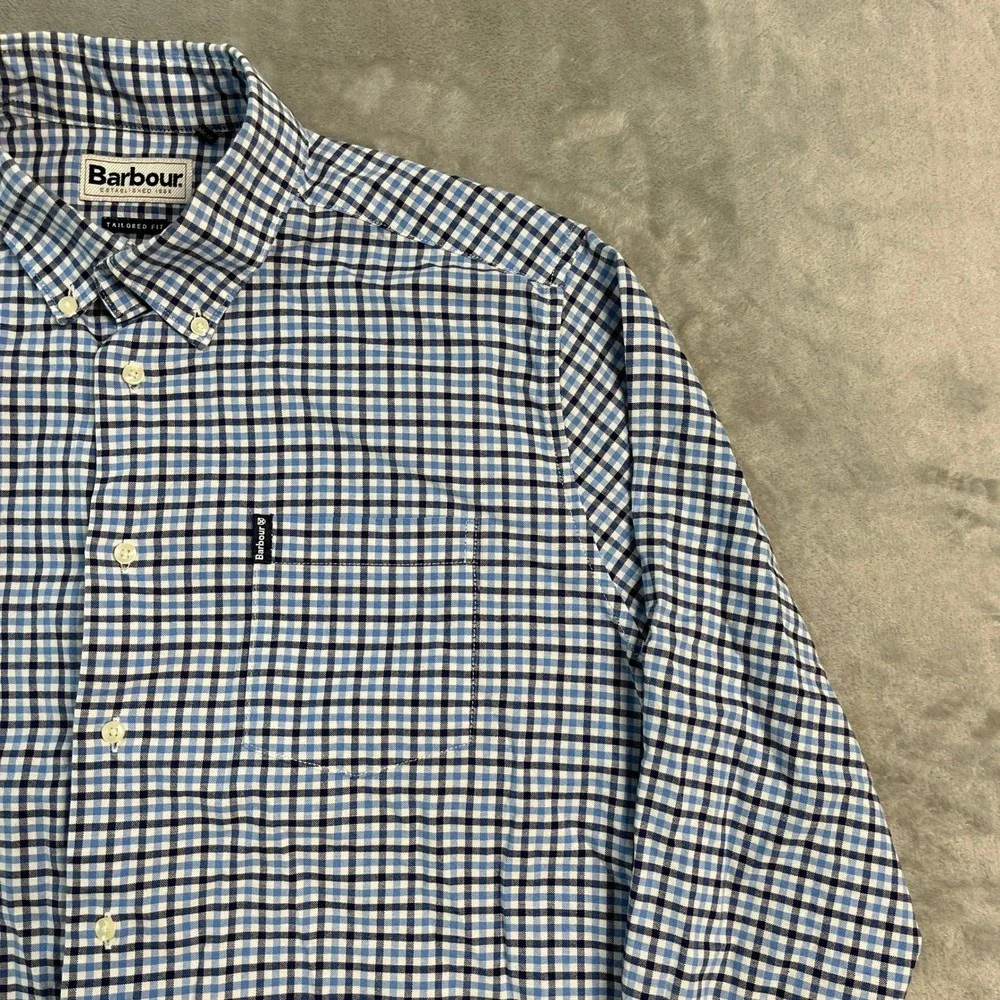 Barbour Gingham Check Tailored Fit Button Shirt Mens Medium Blue White Preppy